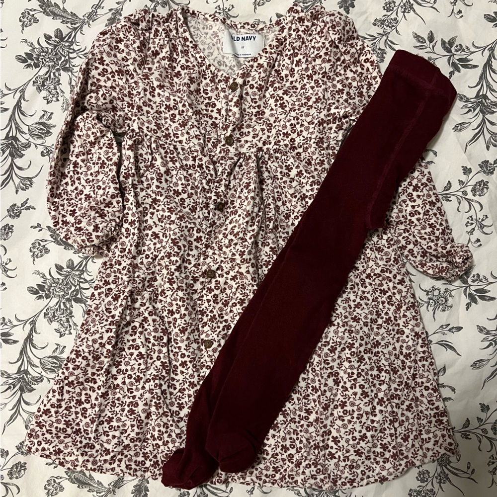 Bundle Girls’ Fall/Thanksgiving/Holiday Dress w/Tights, Size 5T
